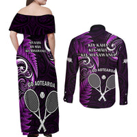 New Zealand Tiki Tennis Couples Matching Off Shoulder Maxi Dress and Long Sleeve Button Shirt 2024 Aotearoa Tenehi Maori Silver Fern - Purple LT14 - Polynesian Pride