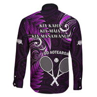 New Zealand Tiki Tennis Family Matching Off Shoulder Short Dress and Hawaiian Shirt 2024 Aotearoa Tenehi Maori Silver Fern - Purple LT14 - Polynesian Pride