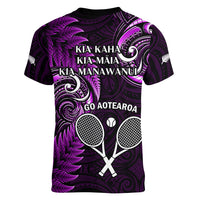 New Zealand Tiki Tennis Women V Neck T Shirt 2024 Aotearoa Tenehi Maori Silver Fern - Purple LT14 - Polynesian Pride