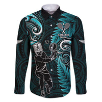 New Zealand Tiki Tennis Family Matching Puletasi and Hawaiian Shirt 2024 Aotearoa Tenehi Maori Silver Fern - Turquoise LT14 Dad's Shirt - Long Sleeve Turquoise - Polynesian Pride