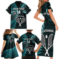 Custom New Zealand Tiki Tennis Family Matching Short Sleeve Bodycon Dress and Hawaiian Shirt 2024 Aotearoa Tenehi Maori Silver Fern - Turquoise LT14 - Polynesian Pride