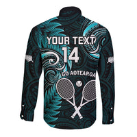 Custom New Zealand Tiki Tennis Long Sleeve Button Shirt 2024 Aotearoa Tenehi Maori Silver Fern - Turquoise LT14 - Polynesian Pride