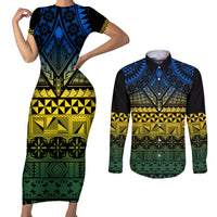 Halo Olaketa Solomon Islands Couples Matching Short Sleeve Bodycon Dress and Long Sleeve Button Shirt Melanesian Tribal Pattern Gradient Version LT14 Black - Polynesian Pride