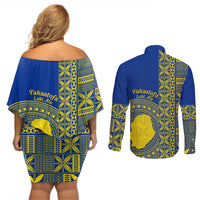 Fakaalofa Lahi Atu Niue Couples Matching Off Shoulder Short Dress and Long Sleeve Button Shirt Niuean Map With Hiapo Pattern Blue Version LT14 - Polynesian Pride