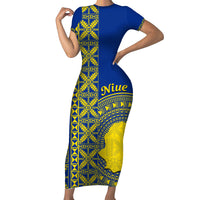 Fakaalofa Lahi Atu Niue Family Matching Short Sleeve Bodycon Dress and Hawaiian Shirt Niuean Map With Hiapo Pattern Blue Version LT14 Mom's Dress Blue - Polynesian Pride