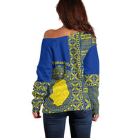 Fakaalofa Lahi Atu Niue Off Shoulder Sweater Niuean Map With Hiapo Pattern Blue Version LT14 - Polynesian Pride