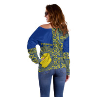 Fakaalofa Lahi Atu Niue Off Shoulder Sweater Niuean Map With Hiapo Pattern Blue Version LT14 - Polynesian Pride