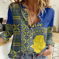 Fakaalofa Lahi Atu Niue Women Casual Shirt Niuean Map With Hiapo Pattern Blue Version LT14 Female Blue - Polynesian Pride