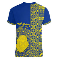 Fakaalofa Lahi Atu Niue Women V Neck T Shirt Niuean Map With Hiapo Pattern Blue Version LT14 - Polynesian Pride