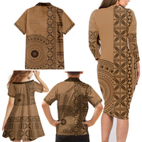 Fakaalofa Lahi Atu Niue Family Matching Long Sleeve Bodycon Dress and Hawaiian Shirt Vintage Hiapo Pattern Brown Version LT14 - Polynesian Pride