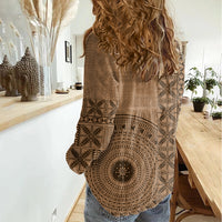 Fakaalofa Lahi Atu Niue Women Casual Shirt Vintage Hiapo Pattern Brown Version LT14 - Polynesian Pride