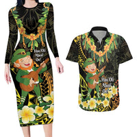 Hawaii Saint Patrick's Day Couples Matching Long Sleeve Bodycon Dress and Hawaiian Shirt Ukulele Leprechaun Hau'Oli Maoli Oe!