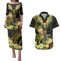 Hawaii Saint Patrick's Day Couples Matching Puletasi and Hawaiian Shirt Ukulele Leprechaun Hau'Oli Maoli Oe!