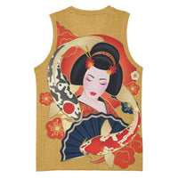 Japanese Geisha Koi Fish Basketball Jersey Cherry Blossoms Yellow Seigaiha Pattern - Polynesian Pride