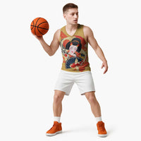 Japanese Geisha Koi Fish Basketball Jersey Cherry Blossoms Yellow Seigaiha Pattern - Polynesian Pride