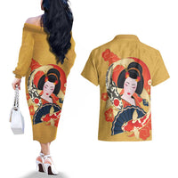 Japanese Geisha Koi Fish Couples Matching Off The Shoulder Long Sleeve Dress and Hawaiian Shirt Cherry Blossoms Yellow Seigaiha Pattern - Polynesian Pride