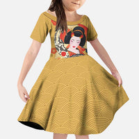 Japanese Geisha Koi Fish Family Matching Summer Maxi Dress and Hawaiian Shirt Cherry Blossoms Yellow Seigaiha Pattern LT14 Daughter's Dress Yellow - Polynesian Pride