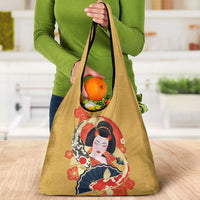 Japanese Geisha Koi Fish Grocery Bag Cherry Blossoms Yellow Seigaiha Pattern - Polynesian Pride