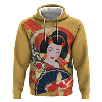 Japanese Geisha Koi Fish Hoodie Cherry Blossoms Yellow Seigaiha Pattern - Polynesian Pride