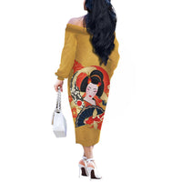 Japanese Geisha Koi Fish Off The Shoulder Long Sleeve Dress Cherry Blossoms Yellow Seigaiha Pattern - Polynesian Pride