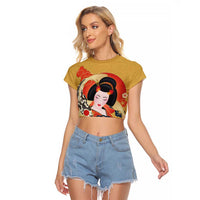 Japanese Geisha Koi Fish Raglan Cropped T Shirt Cherry Blossoms Yellow Seigaiha Pattern LT14 Female Yellow - Polynesian Pride