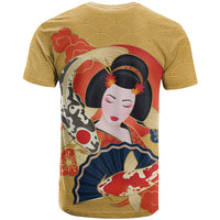 Japanese Geisha Koi Fish T Shirt Cherry Blossoms Yellow Seigaiha Pattern - Polynesian Pride