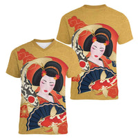 Japanese Geisha Koi Fish Women V-Neck T-Shirt Cherry Blossoms Yellow Seigaiha Pattern - Polynesian Pride