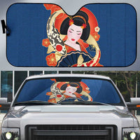 Japanese Geisha Koi Fish Auto Sun Shade Cherry Blossoms Blue Seigaiha Pattern - Polynesian Pride