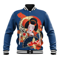 Japanese Geisha Koi Fish Baseball Jacket Cherry Blossoms Blue Seigaiha Pattern - Polynesian Pride