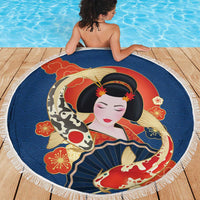 Japanese Geisha Koi Fish Beach Blanket Cherry Blossoms Blue Seigaiha Pattern - Polynesian Pride