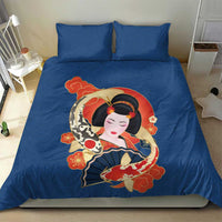 Japanese Geisha Koi Fish Bedding Set Cherry Blossoms Blue Seigaiha Pattern - Polynesian Pride