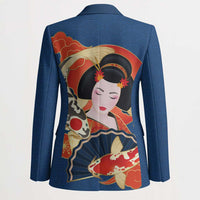 Japanese Geisha Koi Fish Blazer Cherry Blossoms Blue Seigaiha Pattern - Polynesian Pride