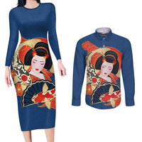 Japanese Geisha Koi Fish Couples Matching Long Sleeve Bodycon Dress and Long Sleeve Button Shirt Cherry Blossoms Blue Seigaiha Pattern - Polynesian Pride
