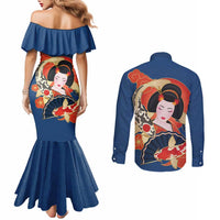 Japanese Geisha Koi Fish Couples Matching Mermaid Dress and Long Sleeve Button Shirt Cherry Blossoms Blue Seigaiha Pattern - Polynesian Pride