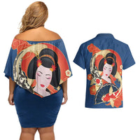 Japanese Geisha Koi Fish Couples Matching Off Shoulder Short Dress and Hawaiian Shirt Cherry Blossoms Blue Seigaiha Pattern - Polynesian Pride