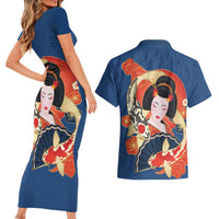 Japanese Geisha Koi Fish Couples Matching Short Sleeve Bodycon Dress and Hawaiian Shirt Cherry Blossoms Blue Seigaiha Pattern - Polynesian Pride