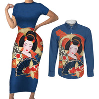 Japanese Geisha Koi Fish Couples Matching Short Sleeve Bodycon Dress and Long Sleeve Button Shirt Cherry Blossoms Blue Seigaiha Pattern - Polynesian Pride
