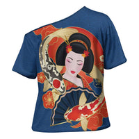 Japanese Geisha Koi Fish Cross Shoulder Shirt Cherry Blossoms Blue Seigaiha Pattern - Polynesian Pride