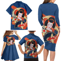 Japanese Geisha Koi Fish Family Matching Long Sleeve Bodycon Dress and Hawaiian Shirt Cherry Blossoms Blue Seigaiha Pattern - Polynesian Pride