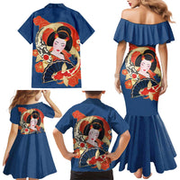 Japanese Geisha Koi Fish Family Matching Mermaid Dress and Hawaiian Shirt Cherry Blossoms Blue Seigaiha Pattern - Polynesian Pride