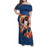 Japanese Geisha Koi Fish Family Matching Off Shoulder Maxi Dress and Hawaiian Shirt Cherry Blossoms Blue Seigaiha Pattern - Polynesian Pride