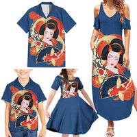 Japanese Geisha Koi Fish Family Matching Summer Maxi Dress and Hawaiian Shirt Cherry Blossoms Blue Seigaiha Pattern - Polynesian Pride