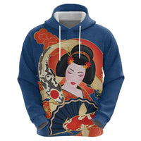 Japanese Geisha Koi Fish Hoodie Cherry Blossoms Blue Seigaiha Pattern - Polynesian Pride