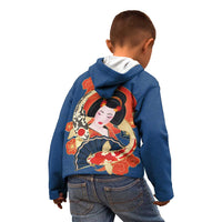 Japanese Geisha Koi Fish Kid Hoodie Cherry Blossoms Blue Seigaiha Pattern - Polynesian Pride