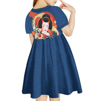 Japanese Geisha Koi Fish Kid Short Sleeve Dress Cherry Blossoms Blue Seigaiha Pattern - Polynesian Pride