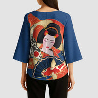 Japanese Geisha Koi Fish Kimono Sleeve Blouse Cherry Blossoms Blue Seigaiha Pattern - Polynesian Pride