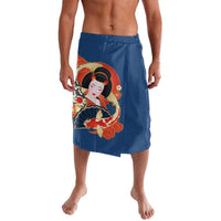 Japanese Geisha Koi Fish Lavalava Cherry Blossoms Blue Seigaiha Pattern - Polynesian Pride