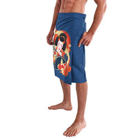 Japanese Geisha Koi Fish Lavalava Cherry Blossoms Blue Seigaiha Pattern - Polynesian Pride