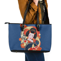 Japanese Geisha Koi Fish Leather Tote Bag Cherry Blossoms Blue Seigaiha Pattern - Polynesian Pride