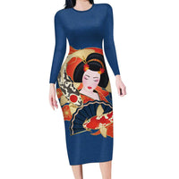 Japanese Geisha Koi Fish Long Sleeve Bodycon Dress Cherry Blossoms Blue Seigaiha Pattern - Polynesian Pride